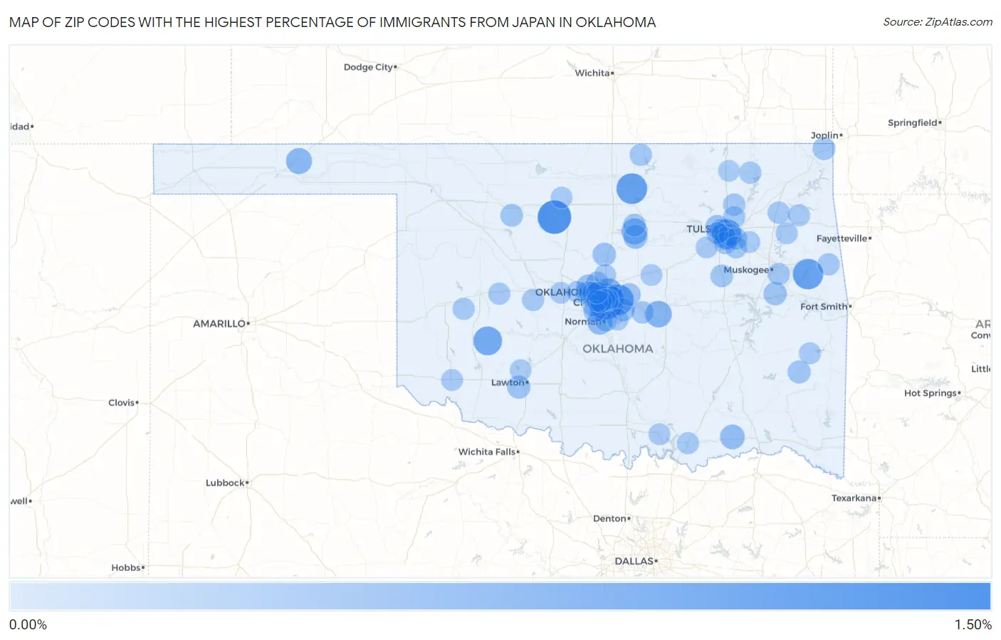 Zip Codes with the Highest Percentage of Immigrants from Japan in Oklahoma Map