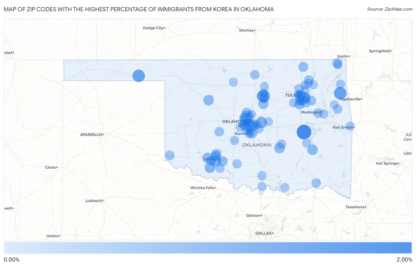 Zip Codes with the Highest Percentage of Immigrants from Korea in Oklahoma Map