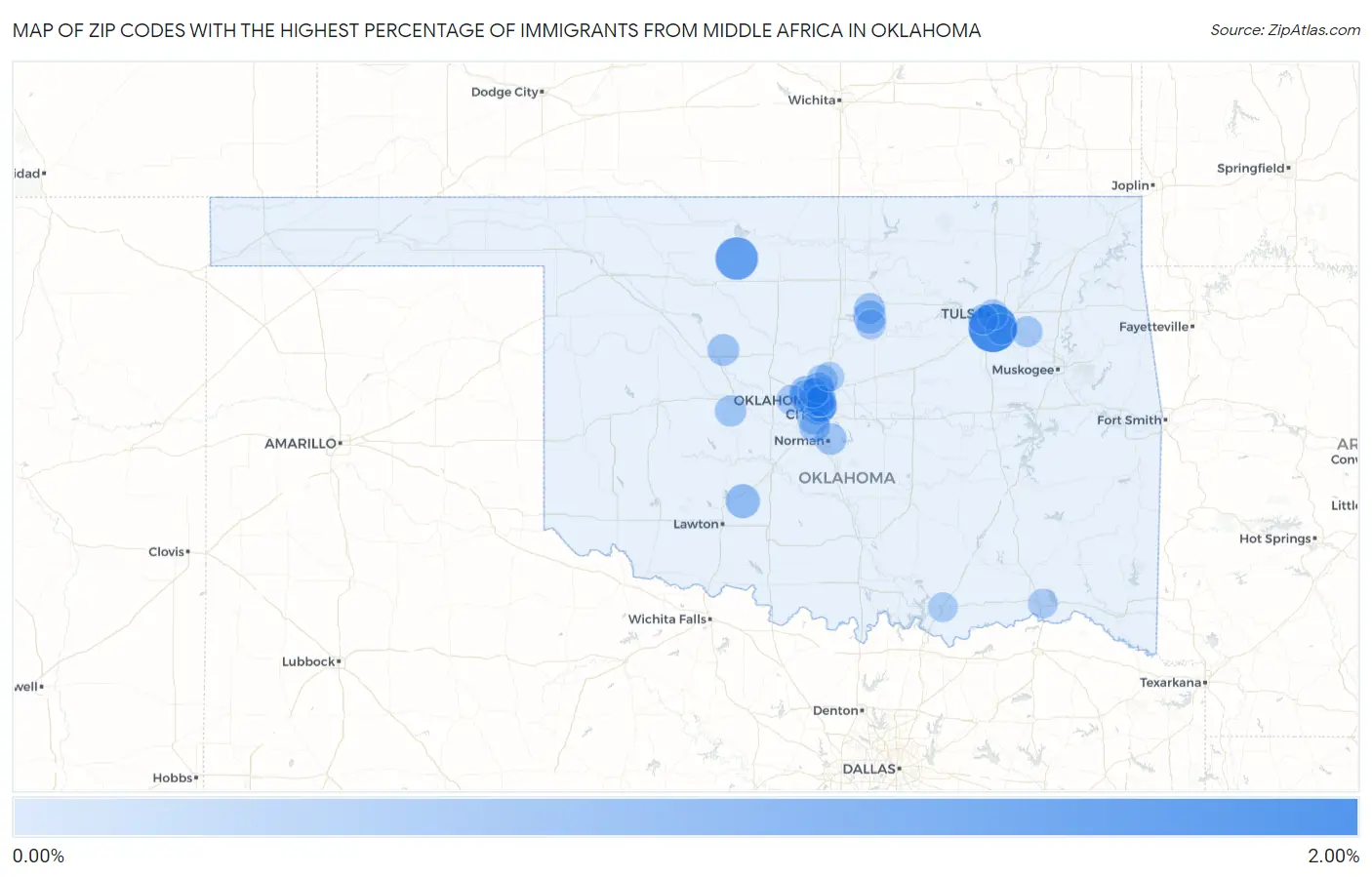 Zip Codes with the Highest Percentage of Immigrants from Middle Africa in Oklahoma Map