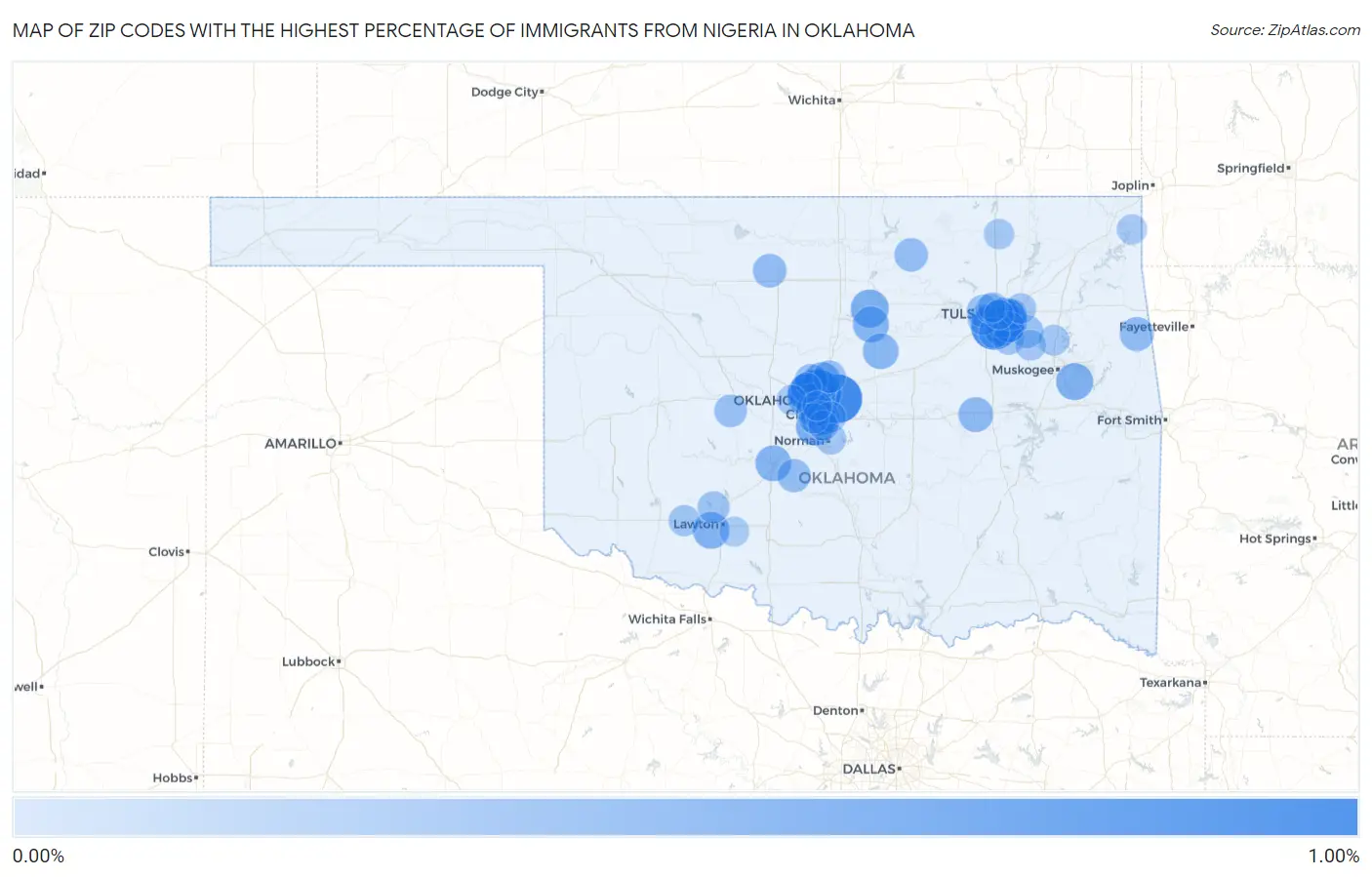 Zip Codes with the Highest Percentage of Immigrants from Nigeria in Oklahoma Map