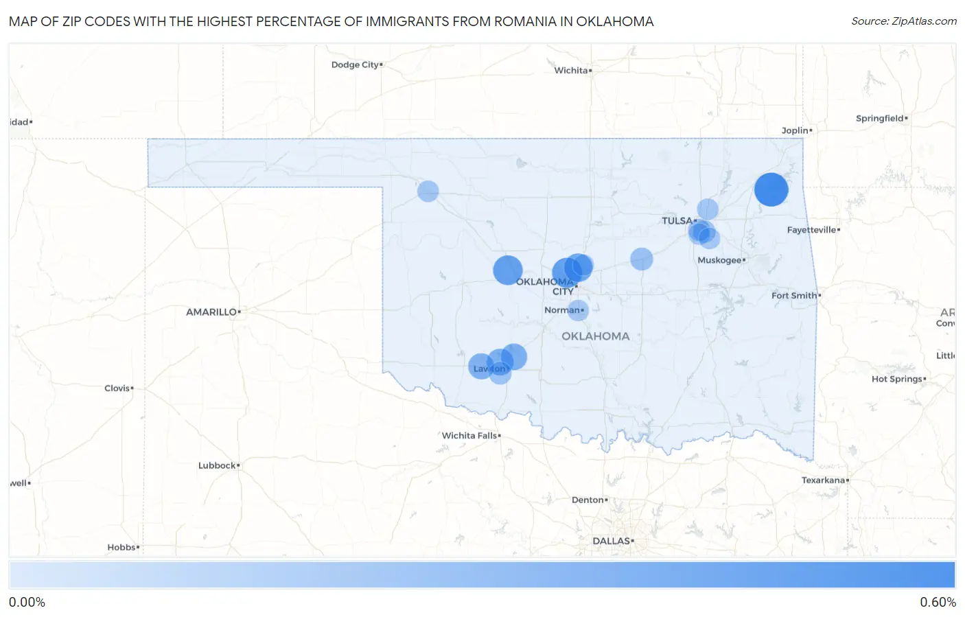 Zip Codes with the Highest Percentage of Immigrants from Romania in Oklahoma Map