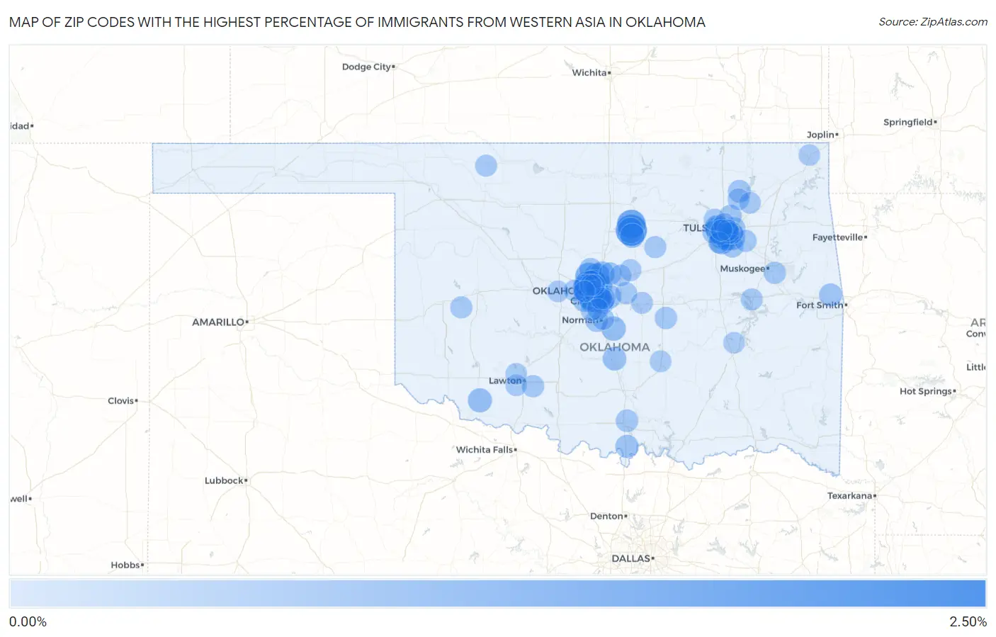 Zip Codes with the Highest Percentage of Immigrants from Western Asia in Oklahoma Map