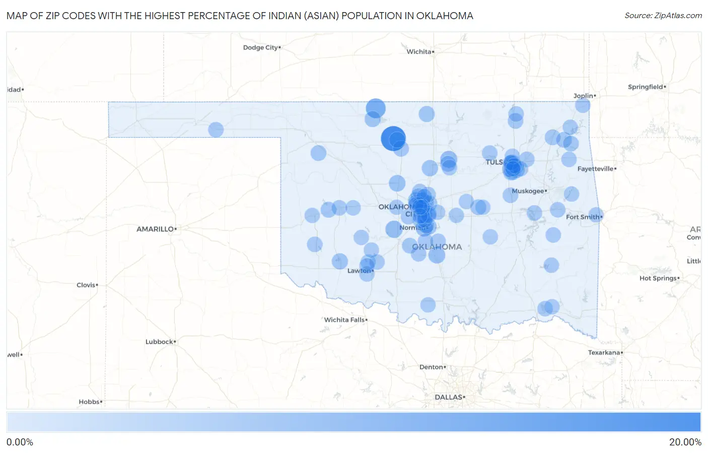Zip Codes with the Highest Percentage of Indian (Asian) Population in Oklahoma Map