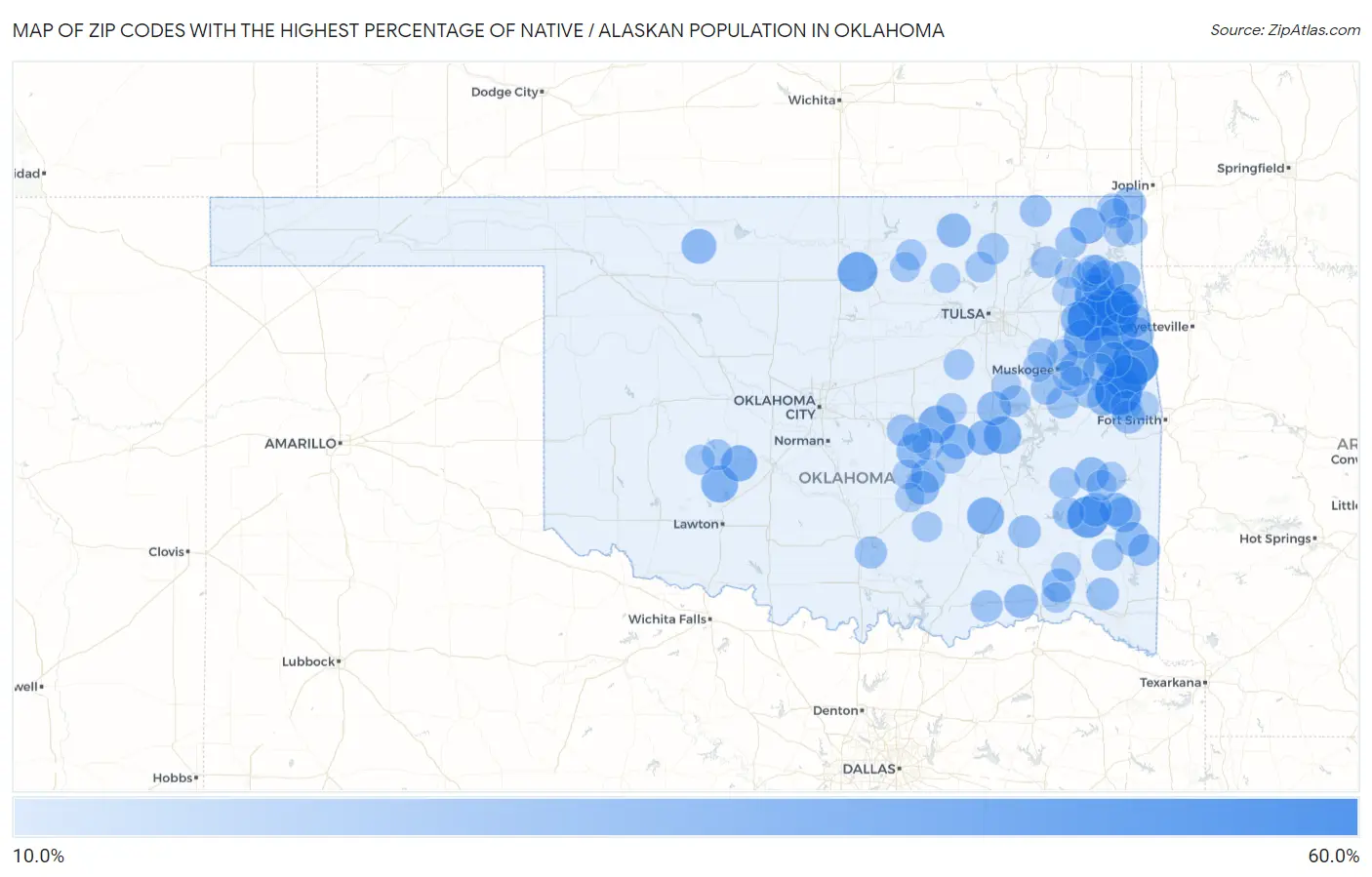 Zip Codes with the Highest Percentage of Native / Alaskan Population in Oklahoma Map