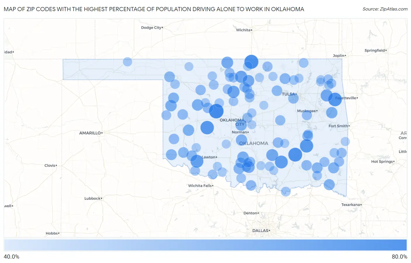 Zip Codes with the Highest Percentage of Population Driving Alone to Work in Oklahoma Map