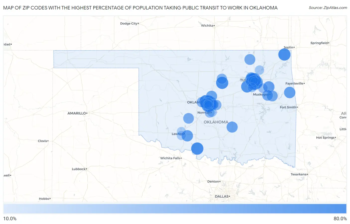 Zip Codes with the Highest Percentage of Population Taking Public Transit to Work in Oklahoma Map