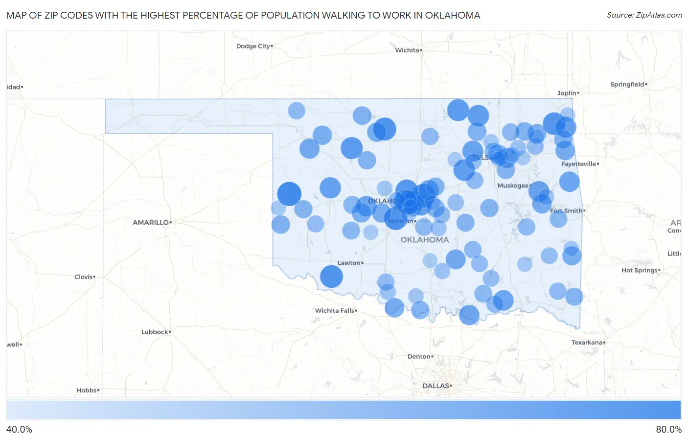 Zip Codes with the Highest Percentage of Population Walking to Work in Oklahoma Map