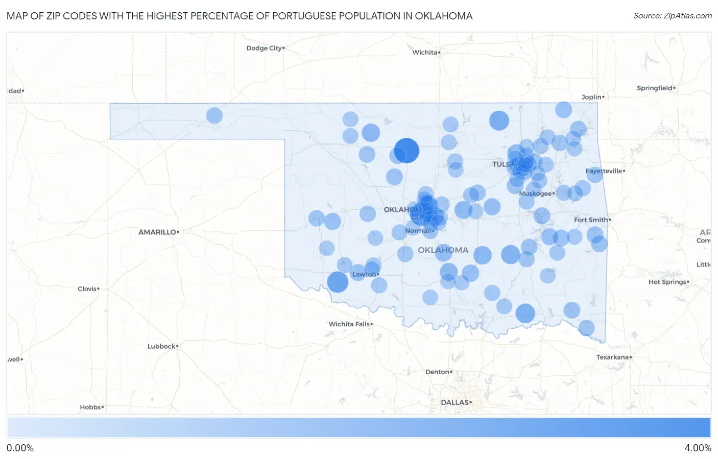 Zip Codes with the Highest Percentage of Portuguese Population in Oklahoma Map
