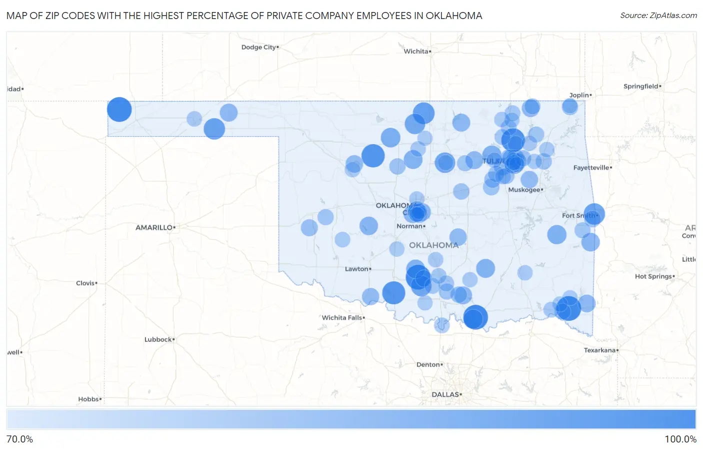 Zip Codes with the Highest Percentage of Private Company Employees in Oklahoma Map