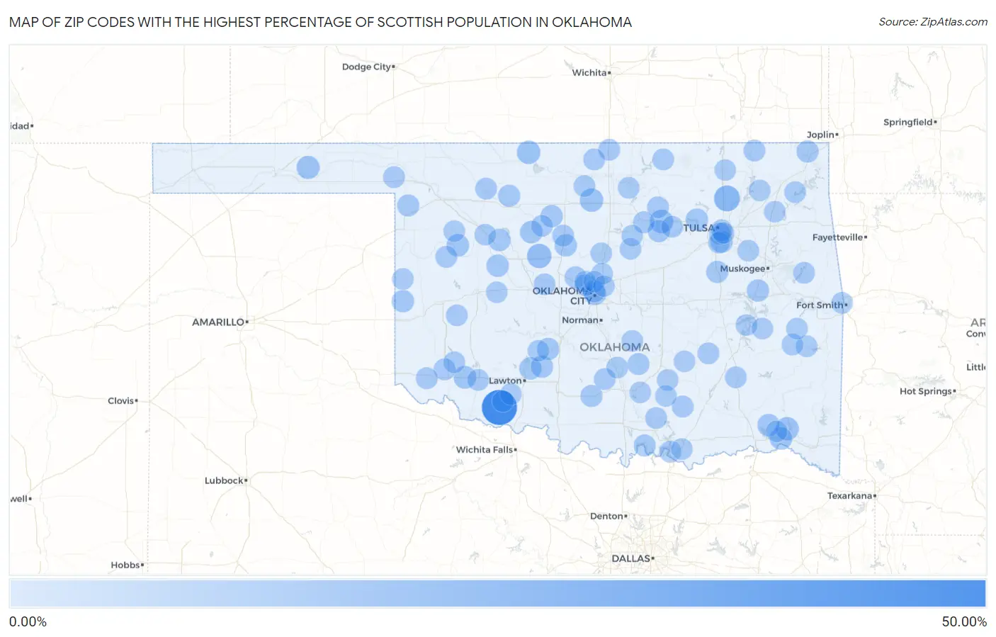 Zip Codes with the Highest Percentage of Scottish Population in Oklahoma Map