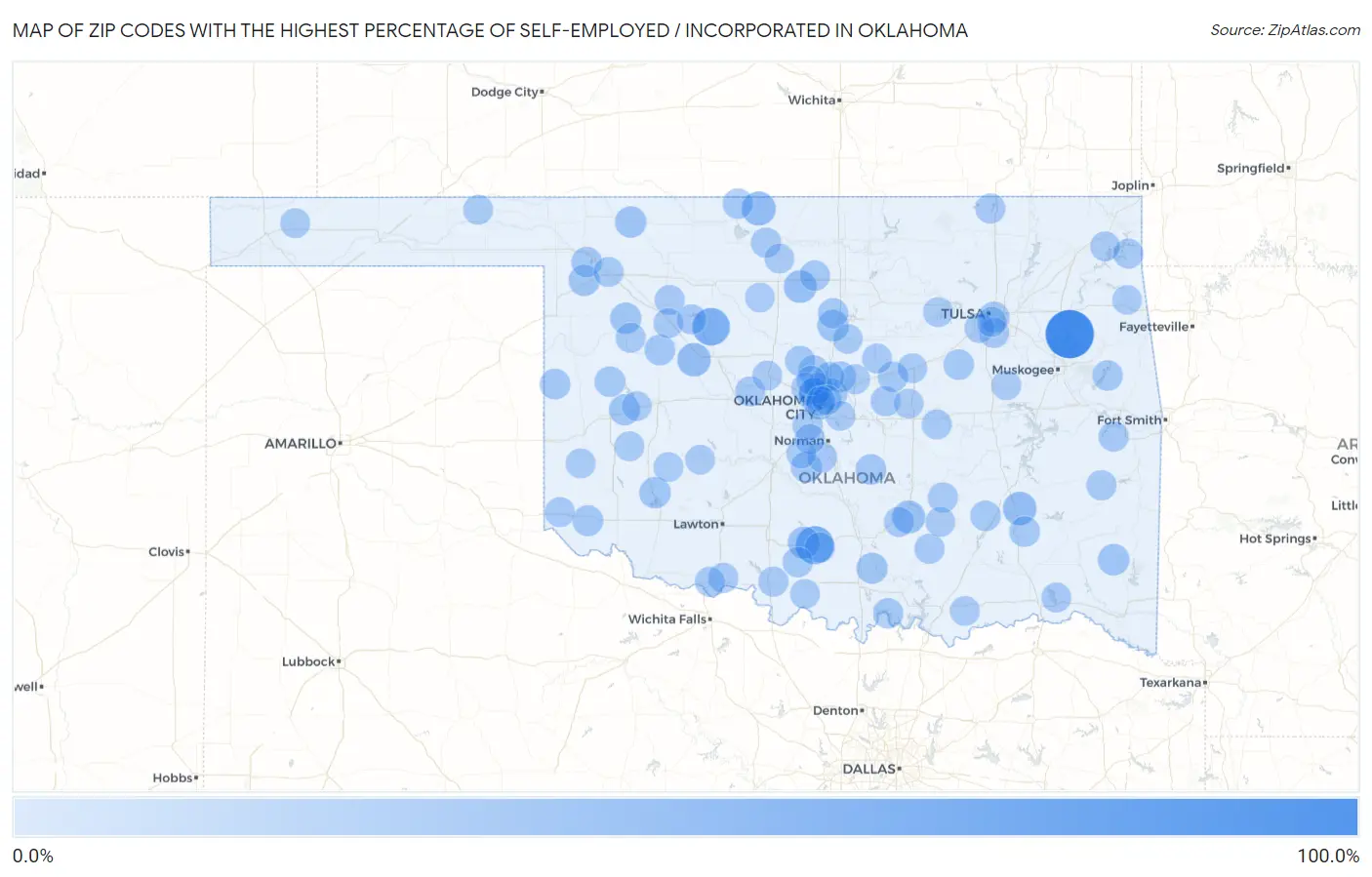 Zip Codes with the Highest Percentage of Self-Employed / Incorporated in Oklahoma Map