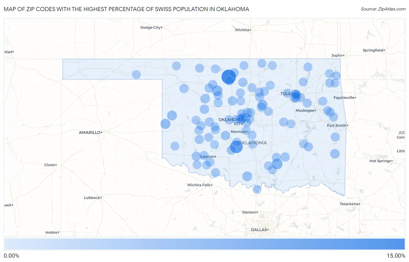Zip Codes with the Highest Percentage of Swiss Population in Oklahoma Map