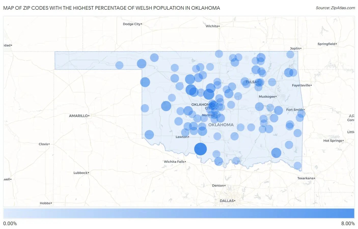Zip Codes with the Highest Percentage of Welsh Population in Oklahoma Map