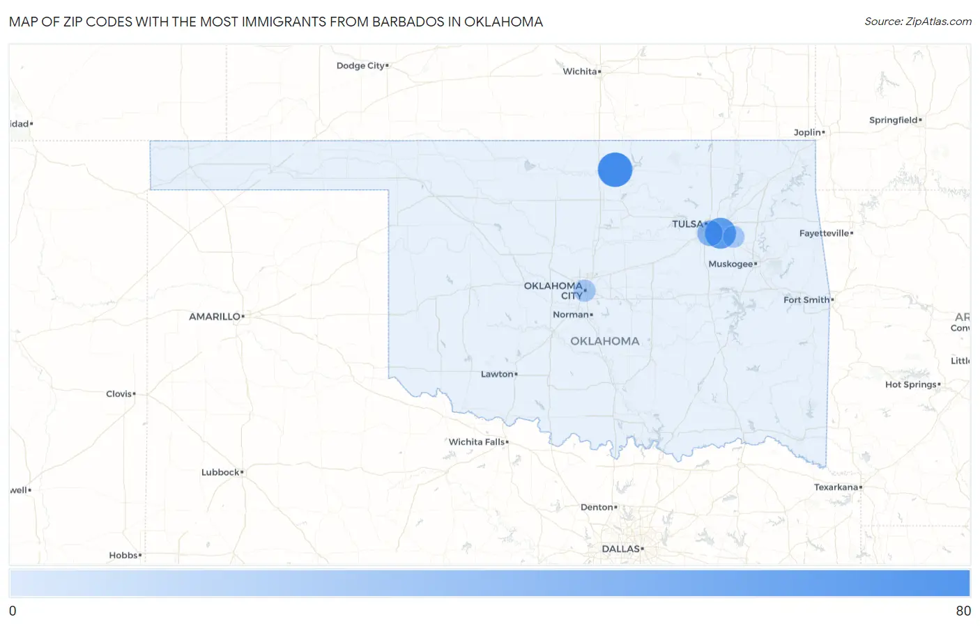Zip Codes with the Most Immigrants from Barbados in Oklahoma Map