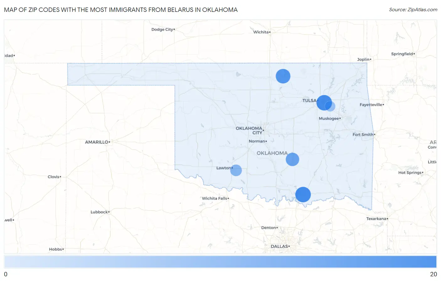 Zip Codes with the Most Immigrants from Belarus in Oklahoma Map