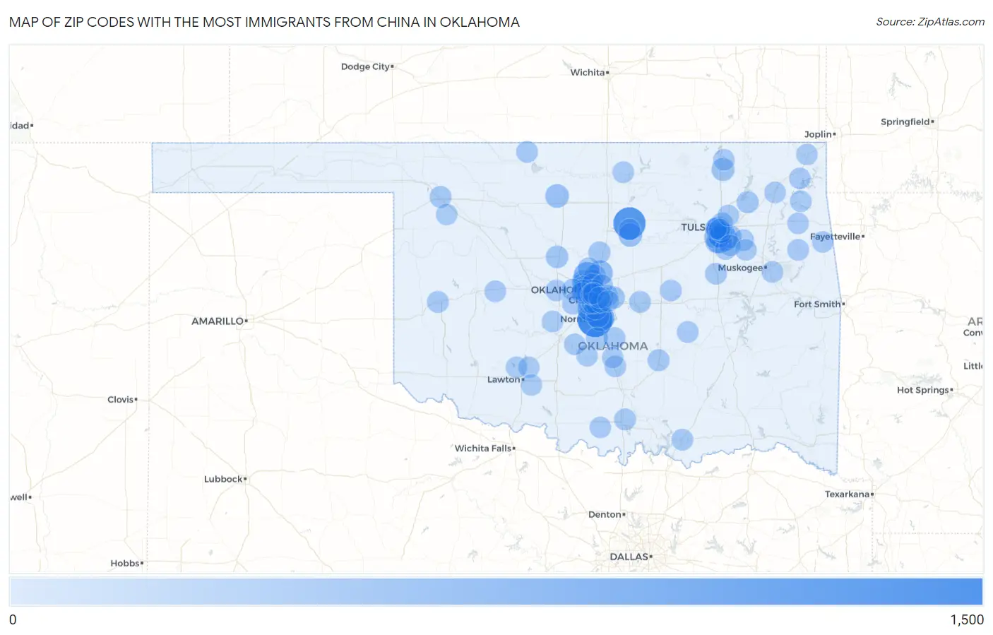 Zip Codes with the Most Immigrants from China in Oklahoma Map