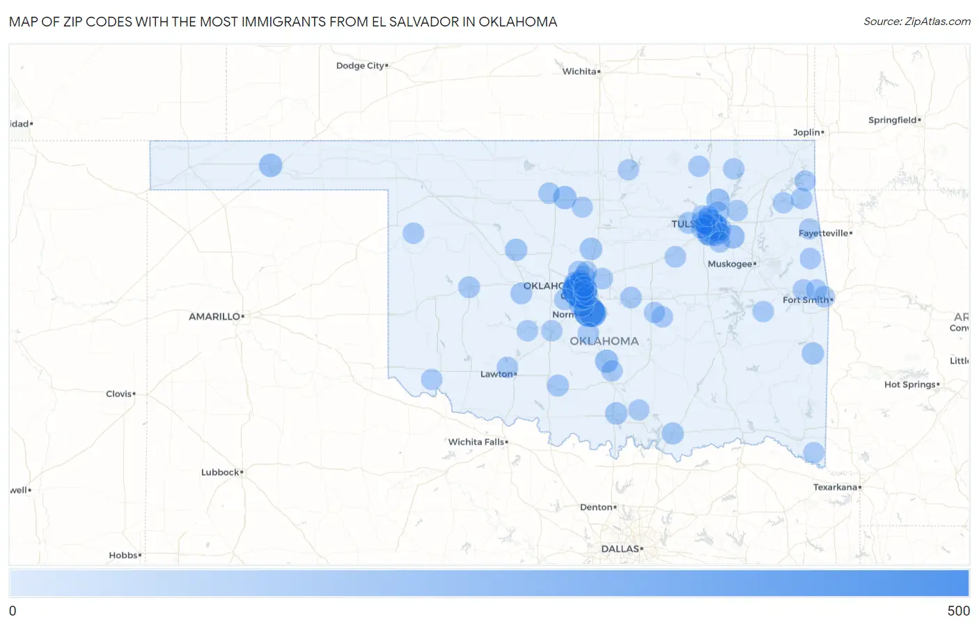Zip Codes with the Most Immigrants from El Salvador in Oklahoma Map