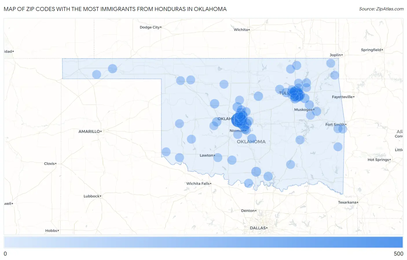 Zip Codes with the Most Immigrants from Honduras in Oklahoma Map