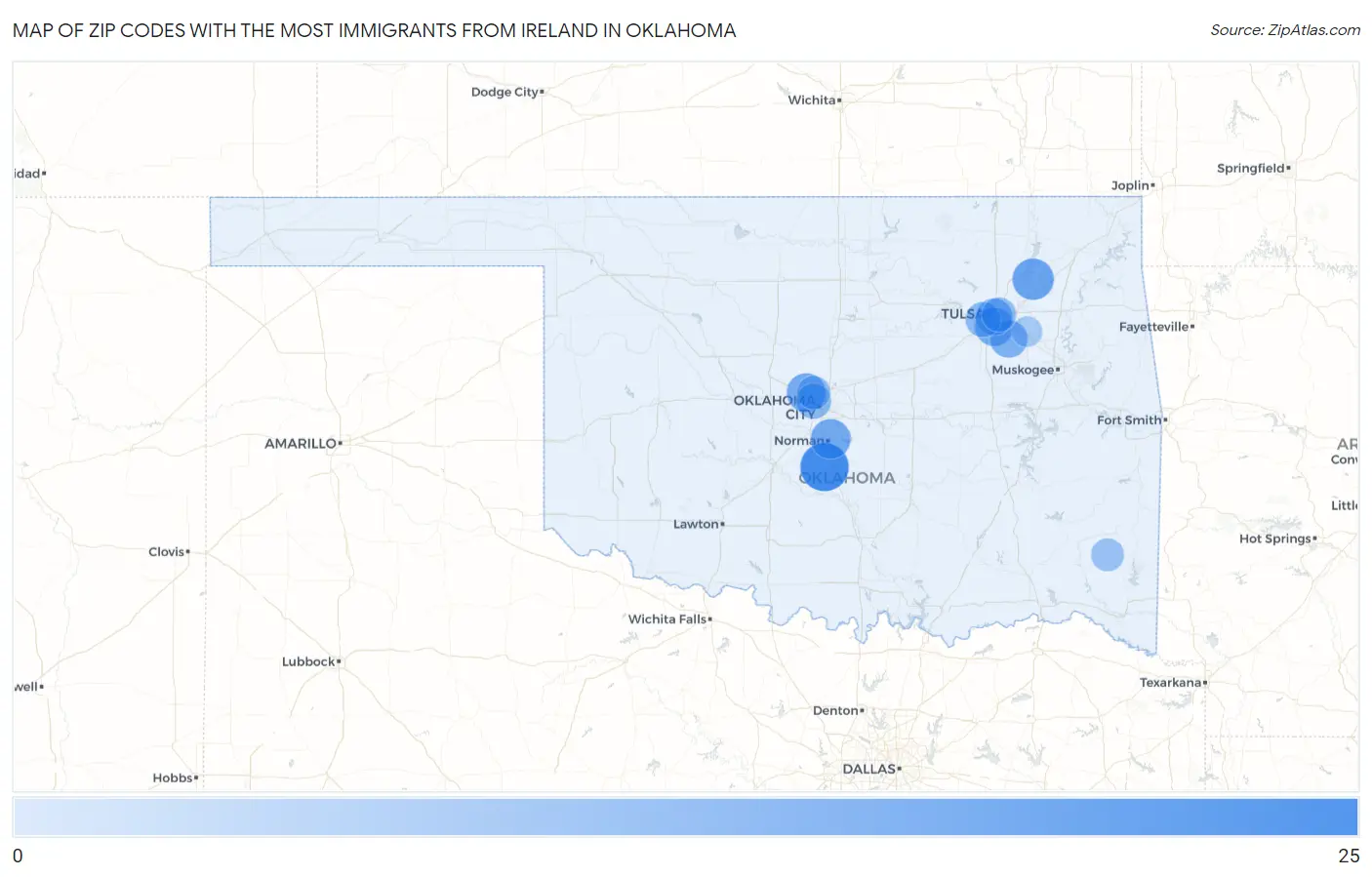 Zip Codes with the Most Immigrants from Ireland in Oklahoma Map