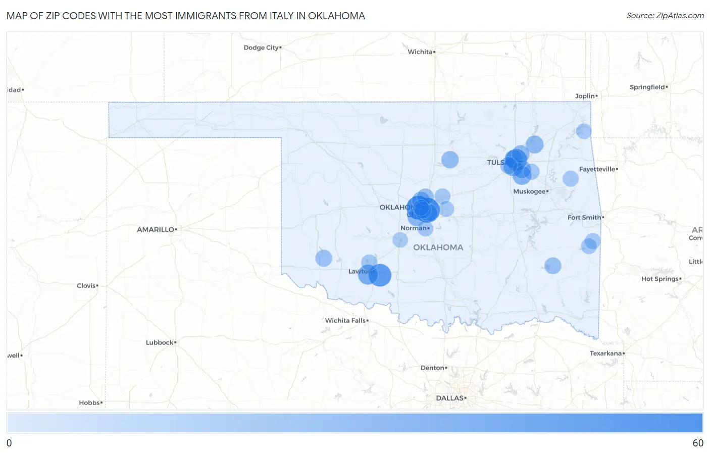 Zip Codes with the Most Immigrants from Italy in Oklahoma Map