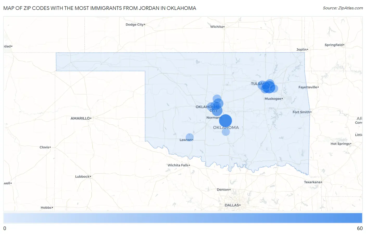 Zip Codes with the Most Immigrants from Jordan in Oklahoma Map