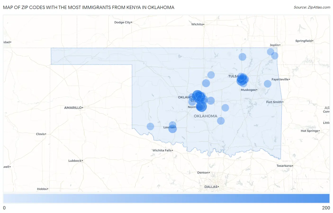 Zip Codes with the Most Immigrants from Kenya in Oklahoma Map
