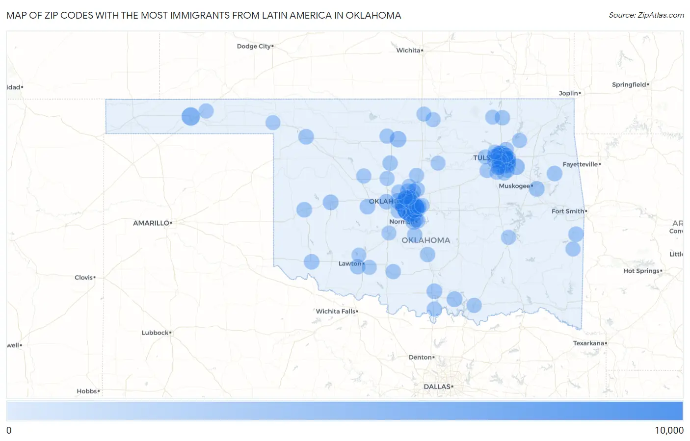 Zip Codes with the Most Immigrants from Latin America in Oklahoma Map