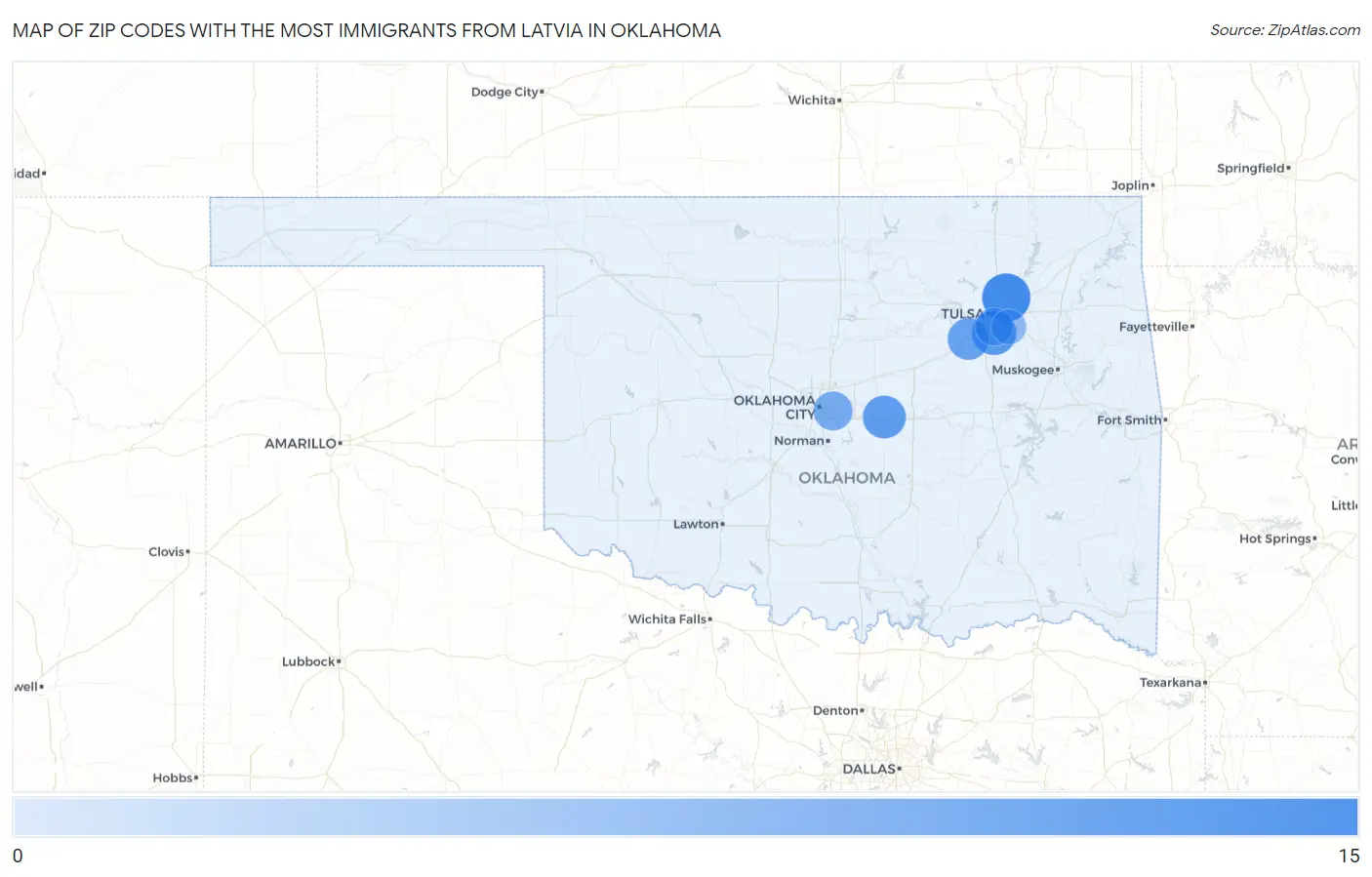 Zip Codes with the Most Immigrants from Latvia in Oklahoma Map