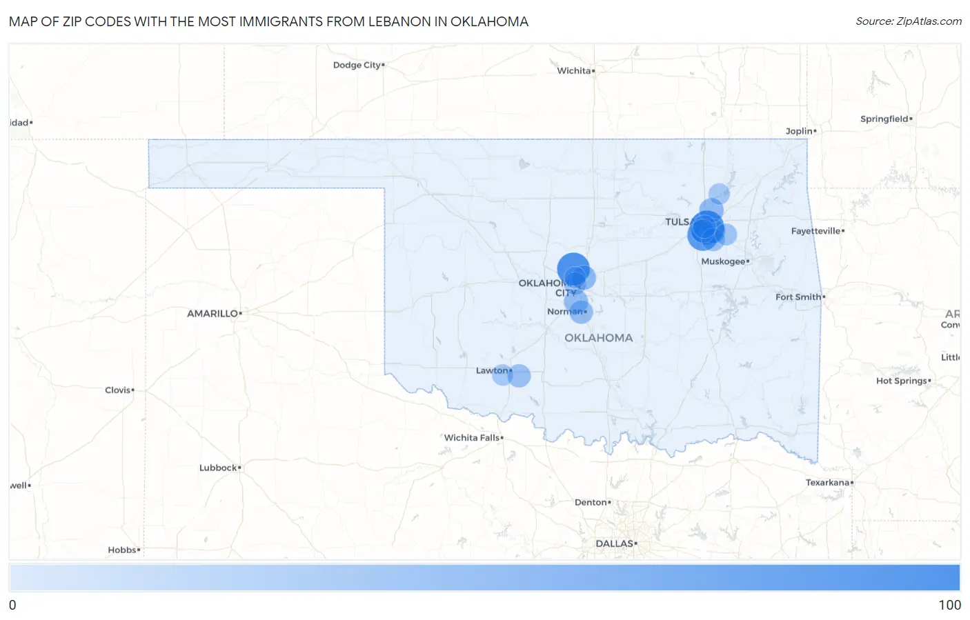 Zip Codes with the Most Immigrants from Lebanon in Oklahoma Map