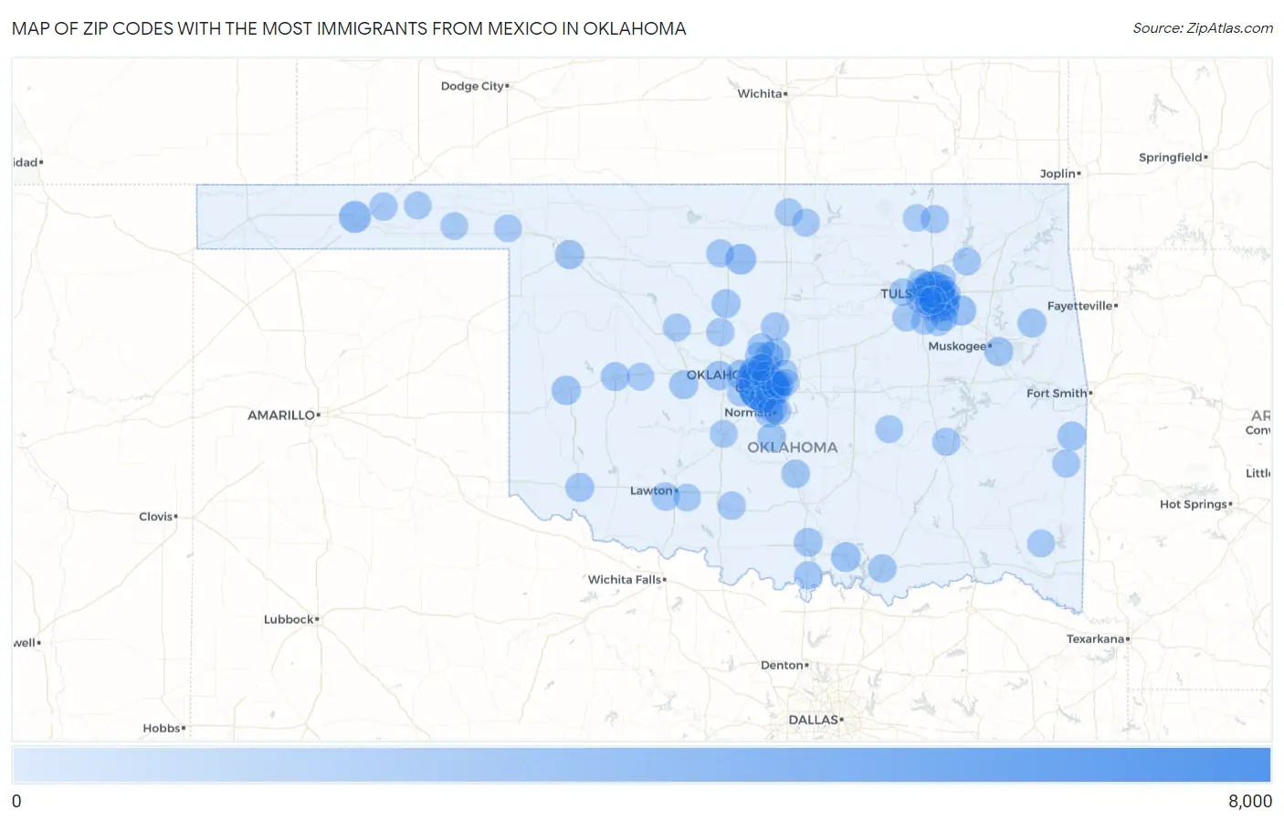 Zip Codes with the Most Immigrants from Mexico in Oklahoma Map