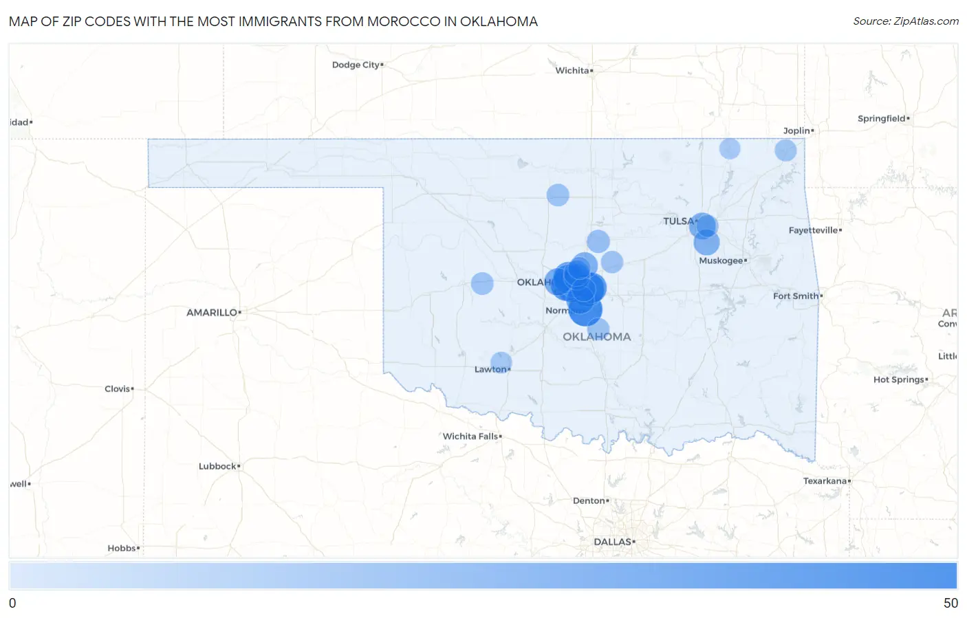 Zip Codes with the Most Immigrants from Morocco in Oklahoma Map
