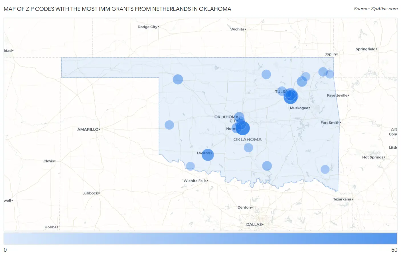 Zip Codes with the Most Immigrants from Netherlands in Oklahoma Map
