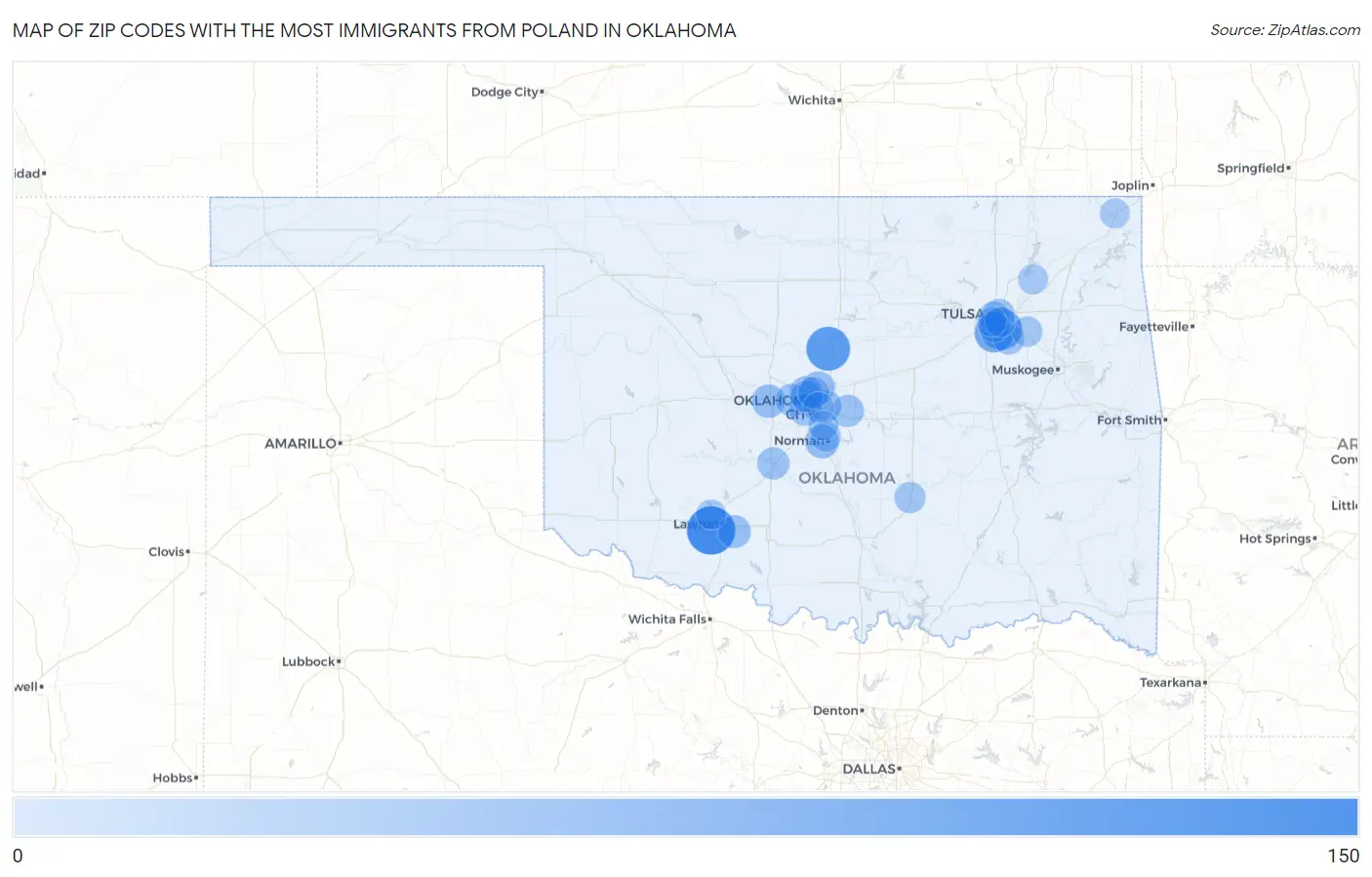 Zip Codes with the Most Immigrants from Poland in Oklahoma Map