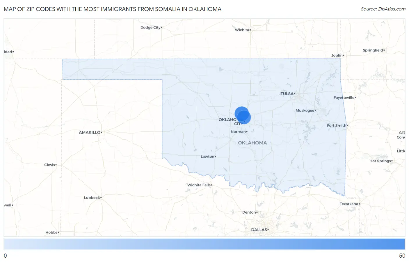 Zip Codes with the Most Immigrants from Somalia in Oklahoma Map