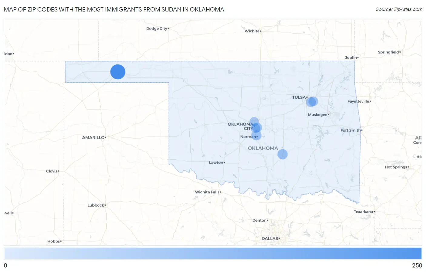 Zip Codes with the Most Immigrants from Sudan in Oklahoma Map
