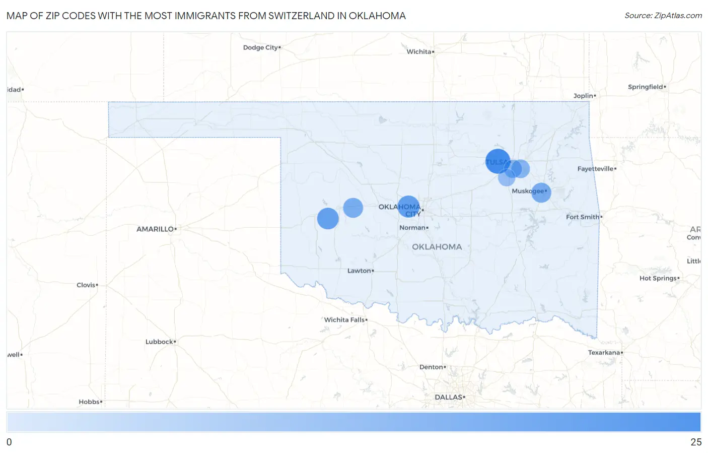 Zip Codes with the Most Immigrants from Switzerland in Oklahoma Map