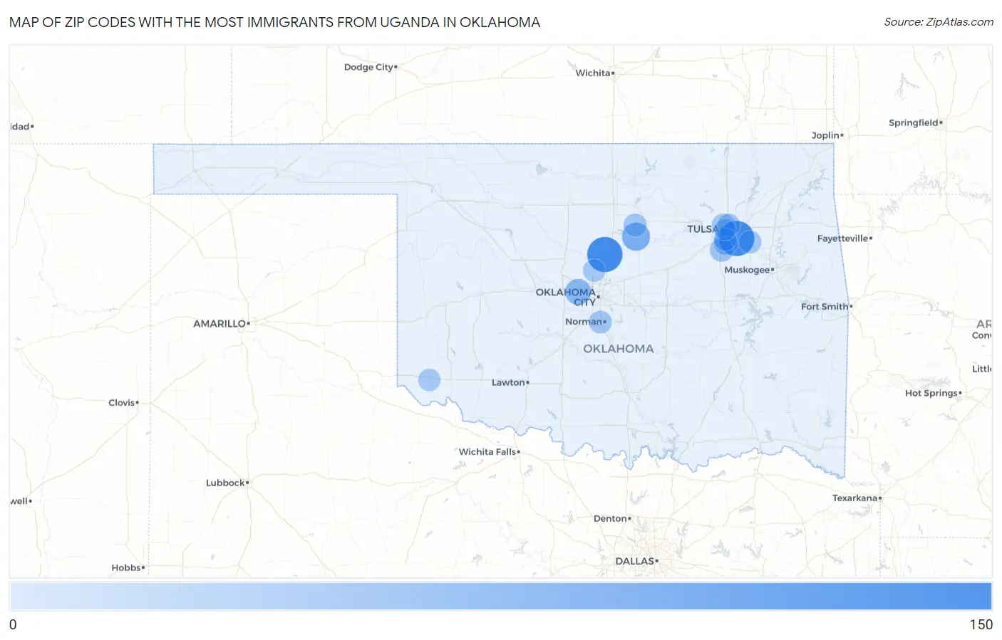 Zip Codes with the Most Immigrants from Uganda in Oklahoma Map