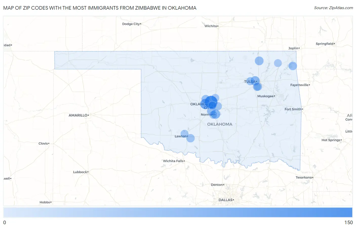 Zip Codes with the Most Immigrants from Zimbabwe in Oklahoma Map