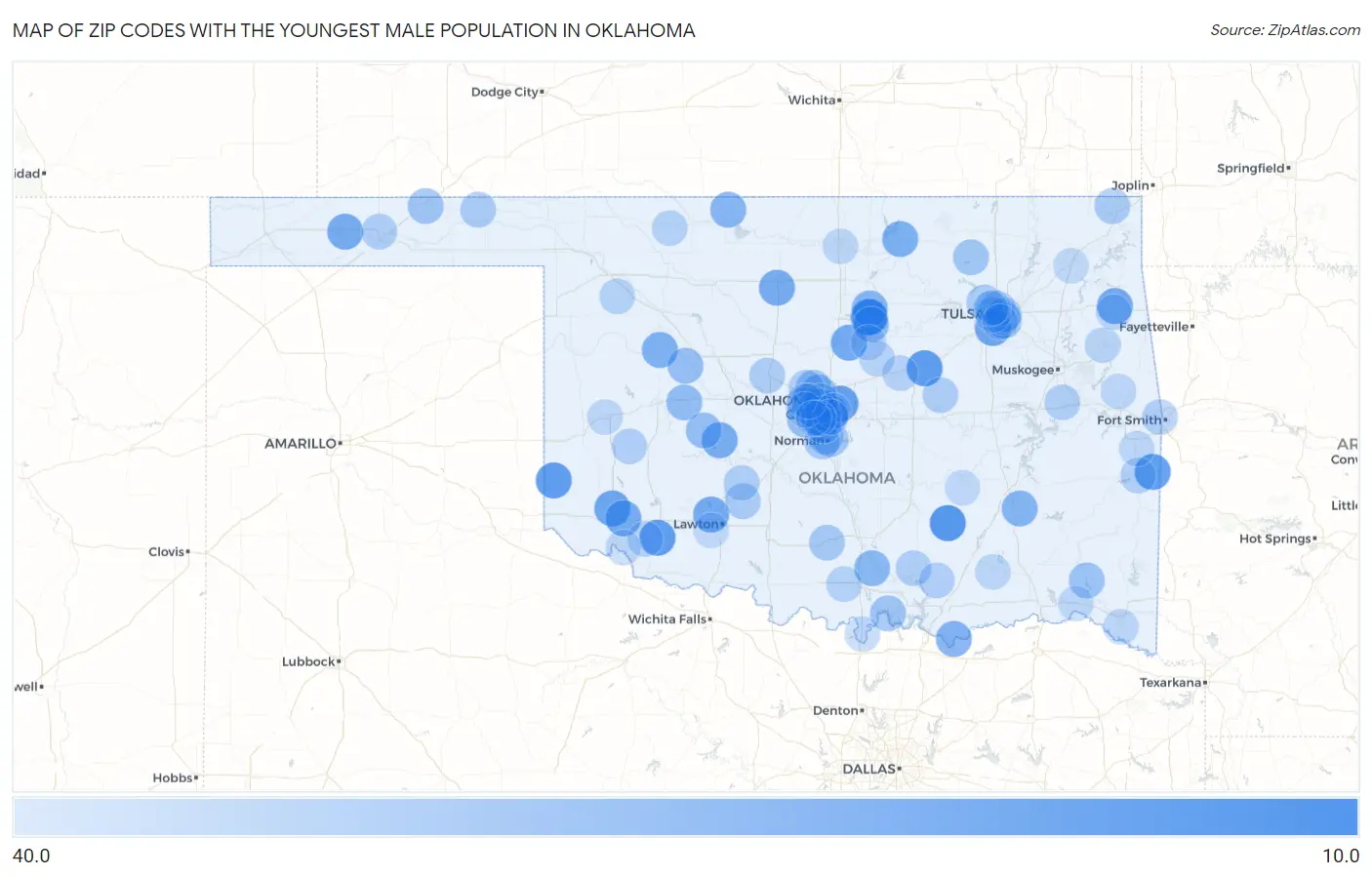 Zip Codes with the Youngest Male Population in Oklahoma Map