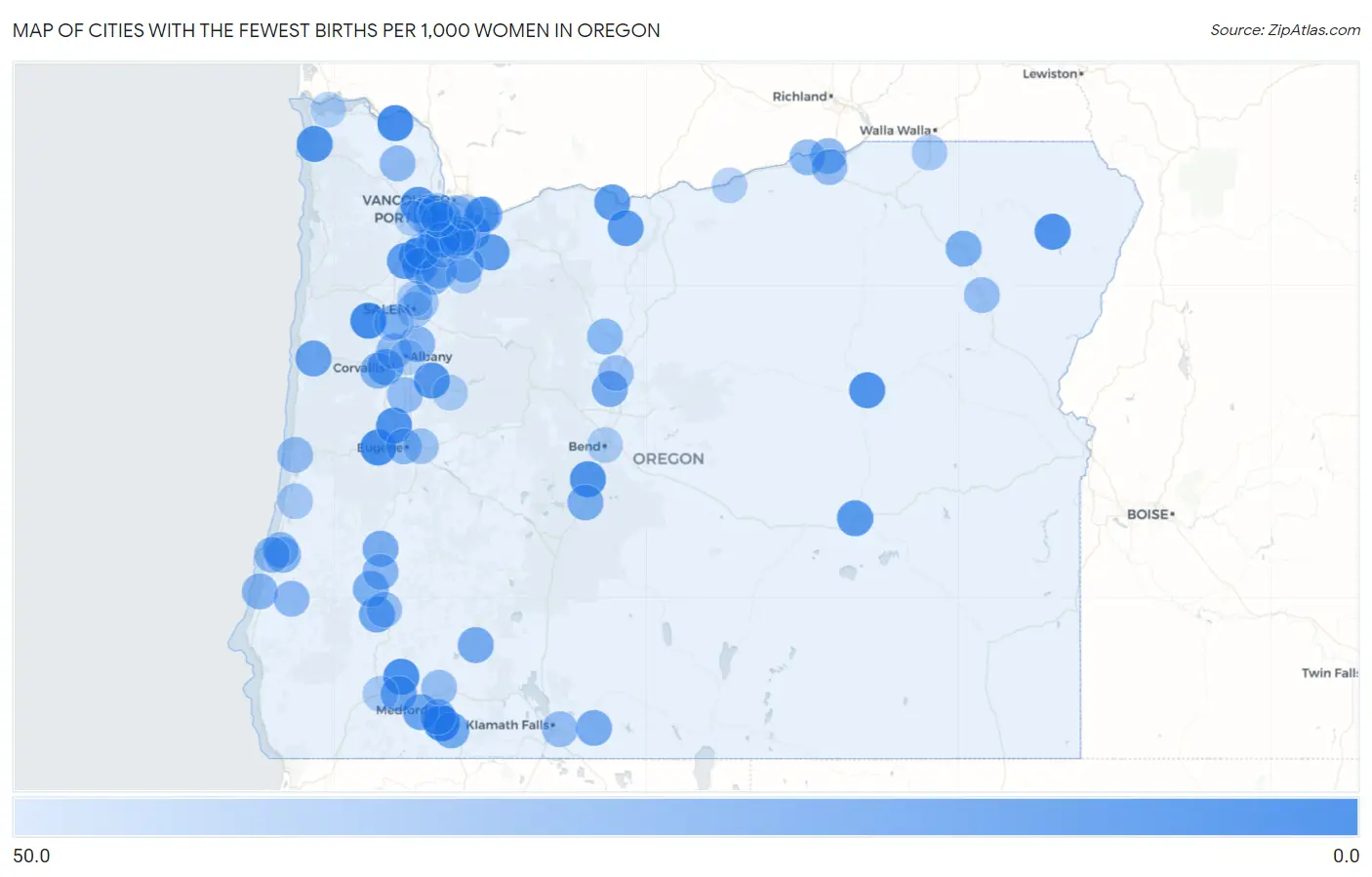 Cities with the Fewest Births per 1,000 Women in Oregon Map