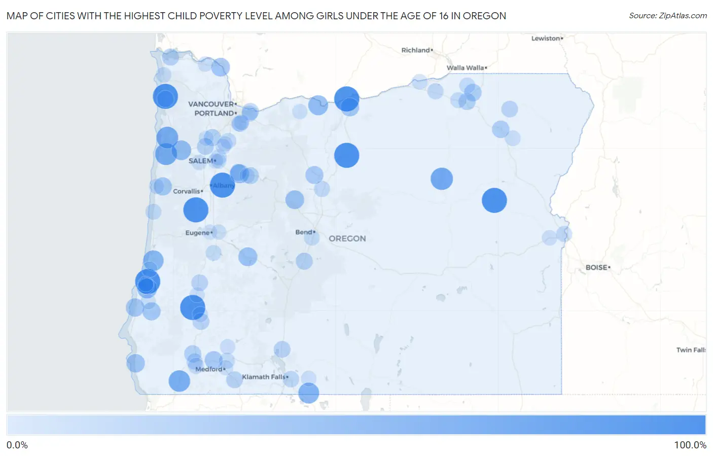 Cities with the Highest Child Poverty Level Among Girls Under the Age of 16 in Oregon Map