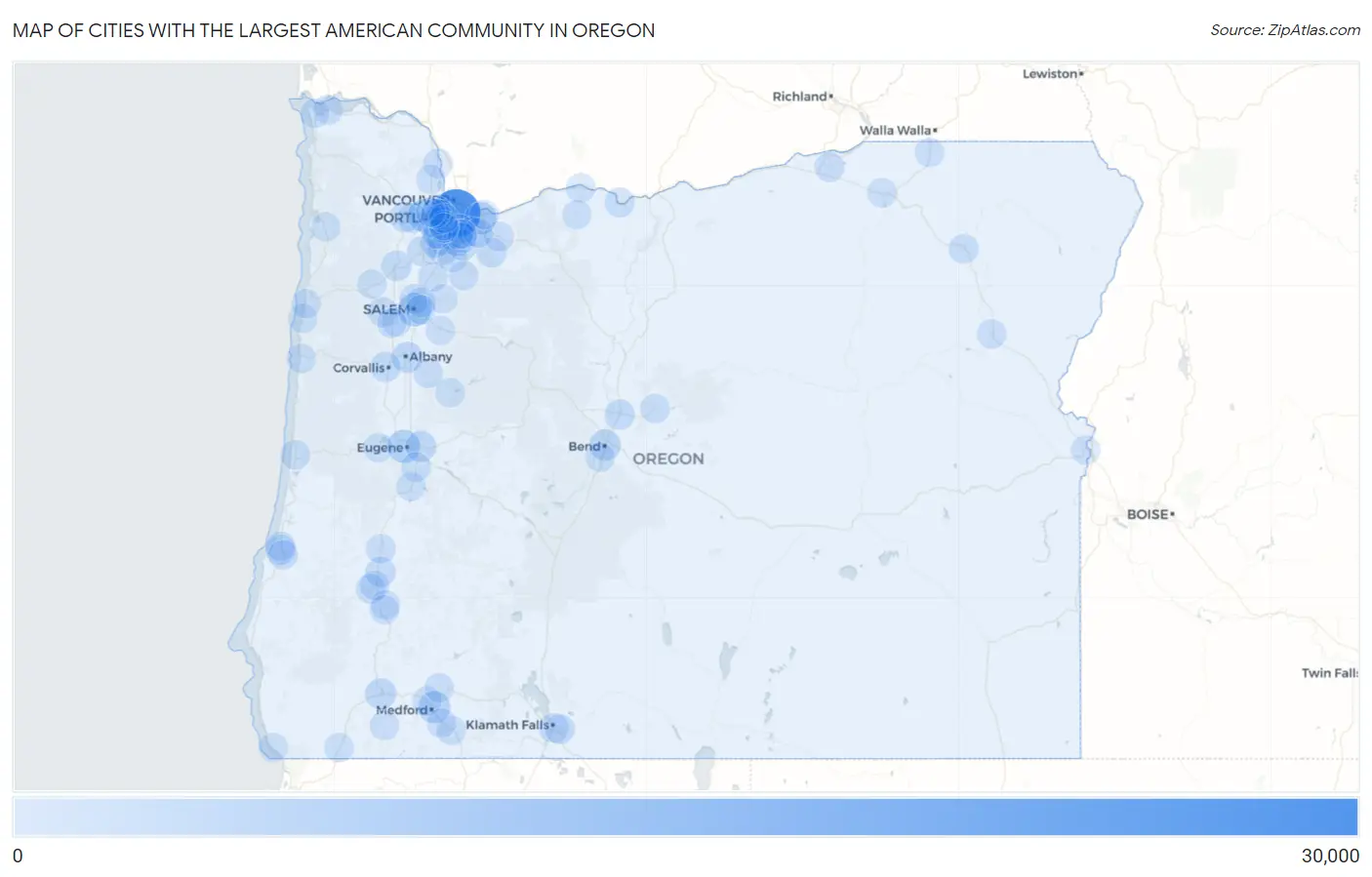 Cities with the Largest American Community in Oregon Map