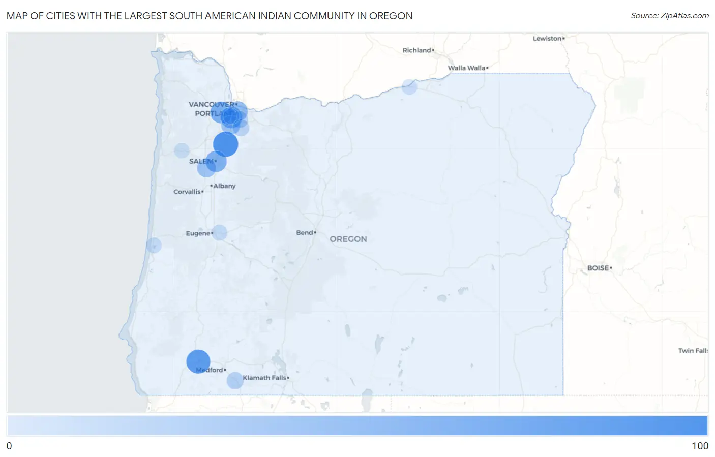 Cities with the Largest South American Indian Community in Oregon Map