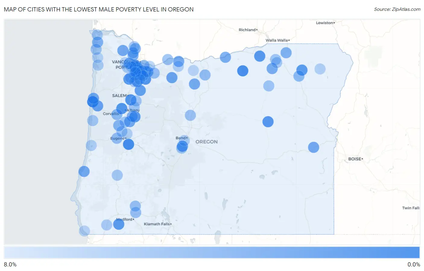 Cities with the Lowest Male Poverty Level in Oregon Map