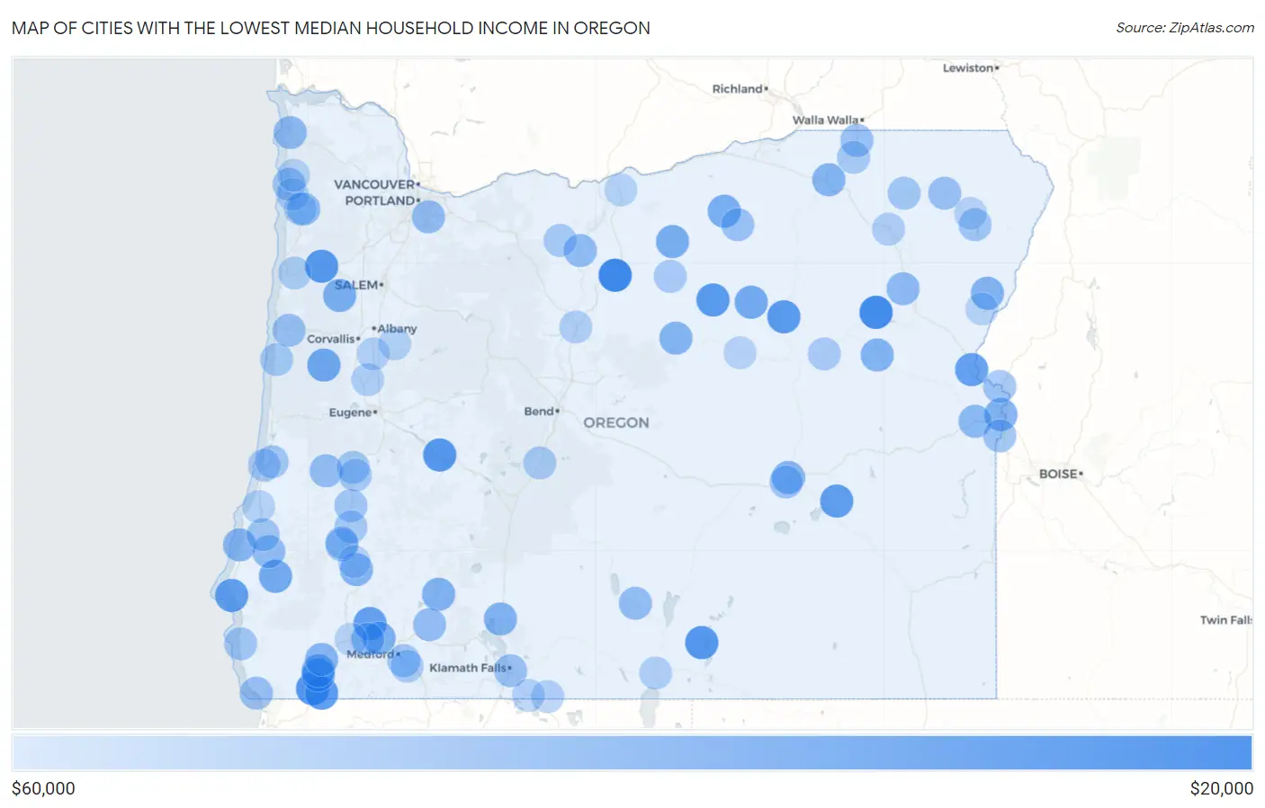 Cities with the Lowest Median Household Income in Oregon Map