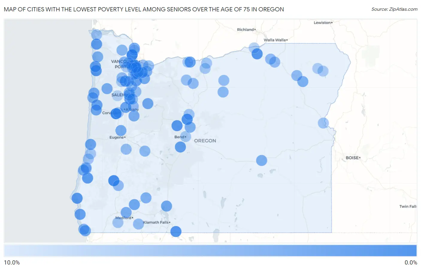 Cities with the Lowest Poverty Level Among Seniors Over the Age of 75 in Oregon Map