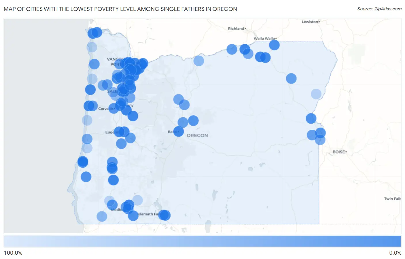 Cities with the Lowest Poverty Level Among Single Fathers in Oregon Map