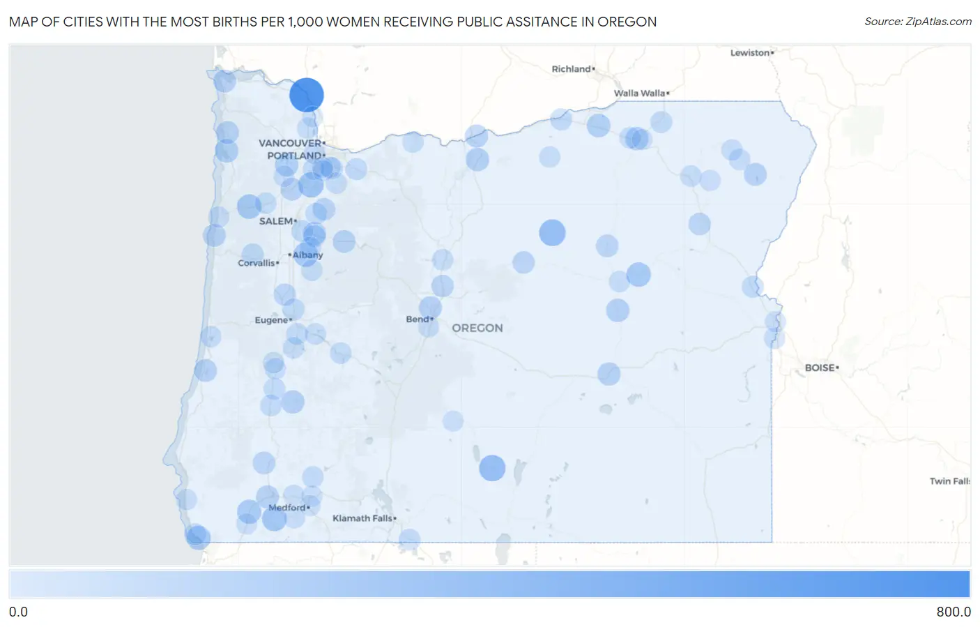 Cities with the Most Births per 1,000 Women Receiving Public Assitance in Oregon Map