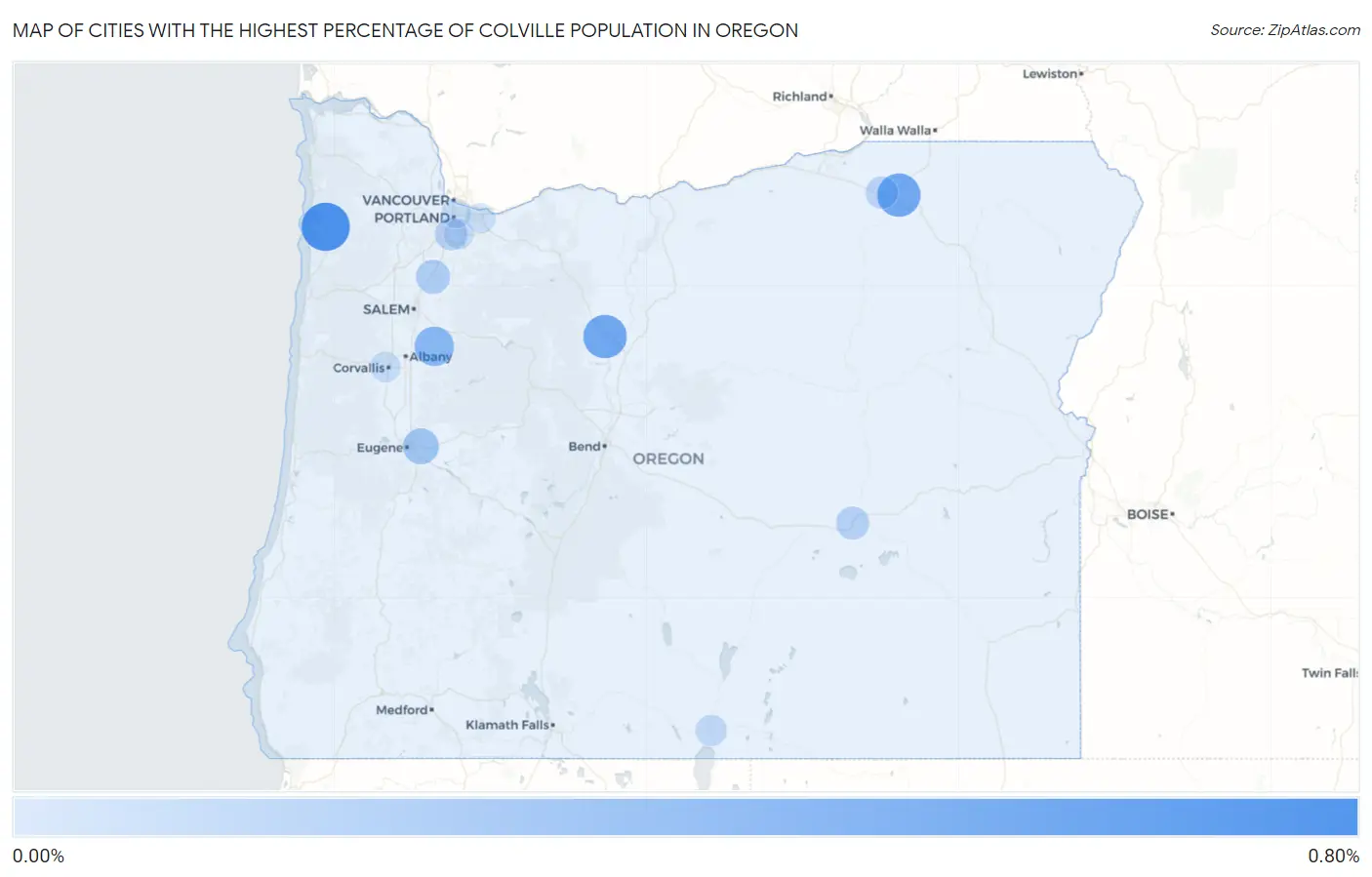 Cities with the Highest Percentage of Colville Population in Oregon Map