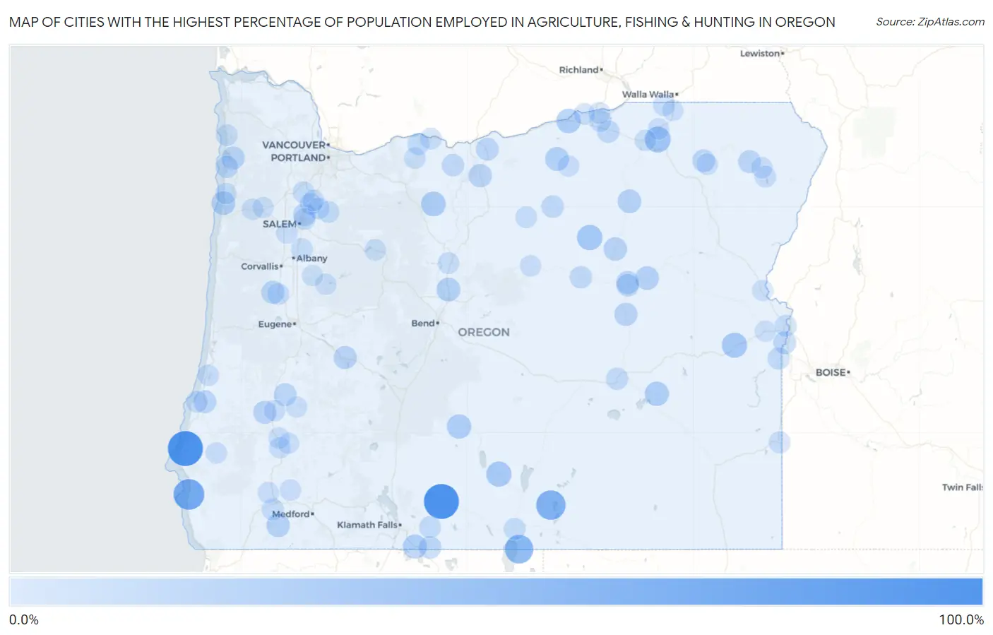 Cities with the Highest Percentage of Population Employed in Agriculture, Fishing & Hunting in Oregon Map